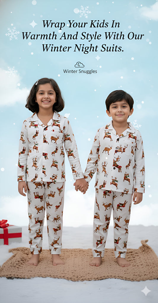 Christmas Theme Reindeer Printed Unisex Kids Night Suit