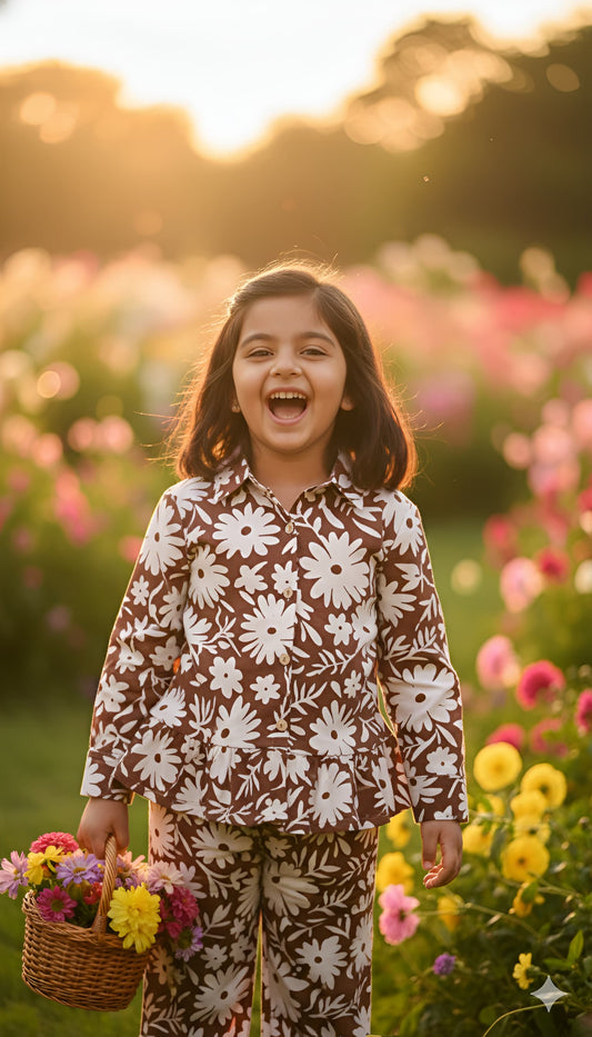 Brown Floral Print Night Co-ord Set For Girls With Frills