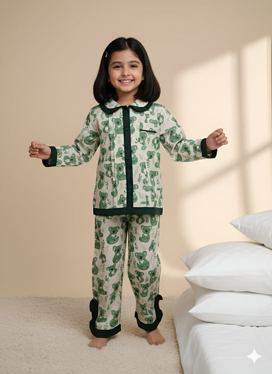 Green Bear Print Night Suit For Girls With Frills