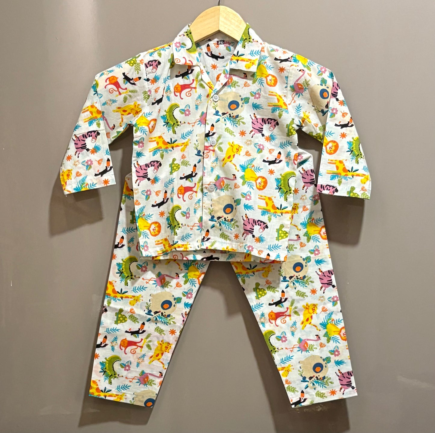 White Jungle Theme Printed Unisex Kids Night Suit