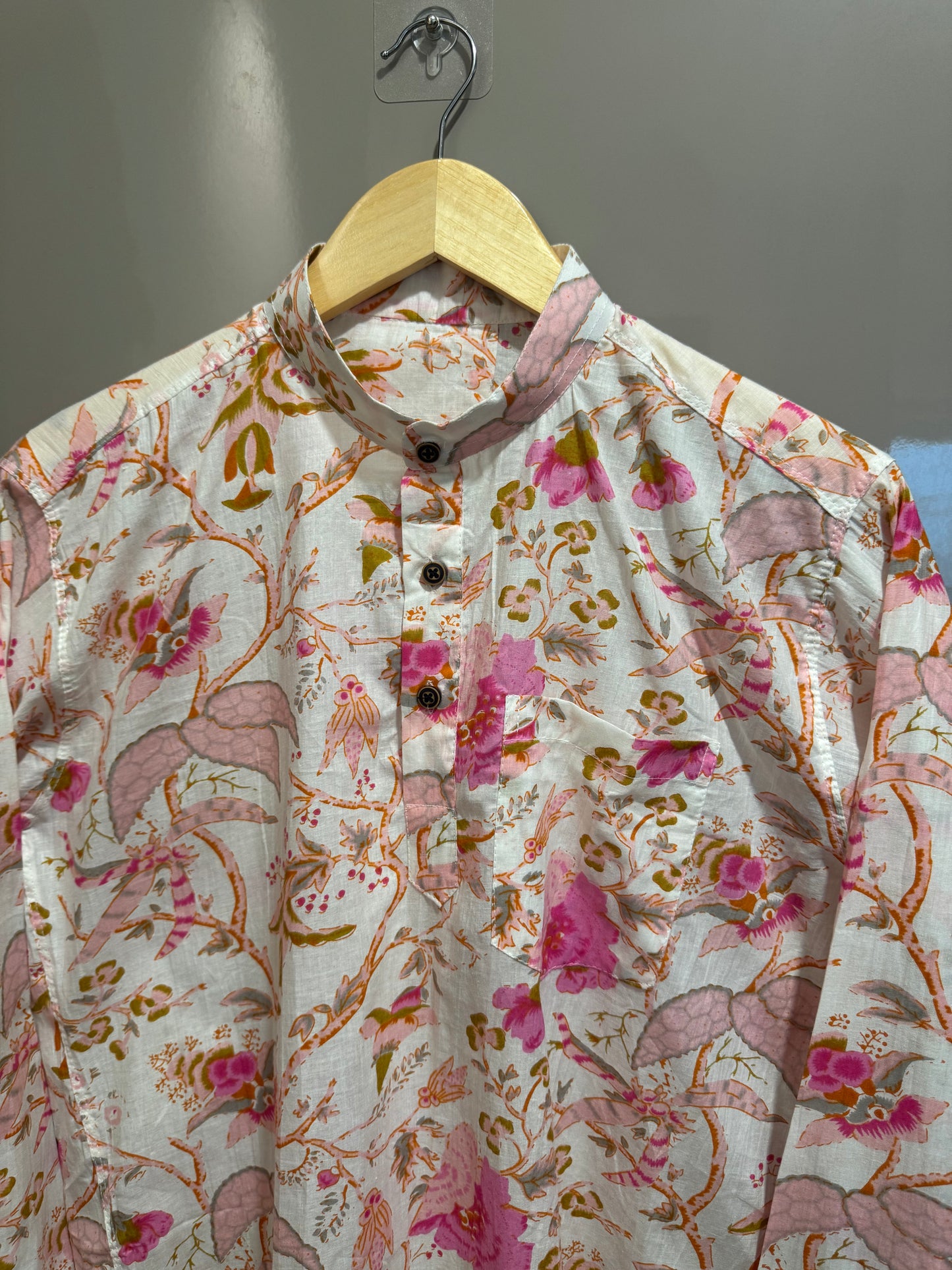 White Floral Pure Cotton Full Sleeve Short Kurta For Men