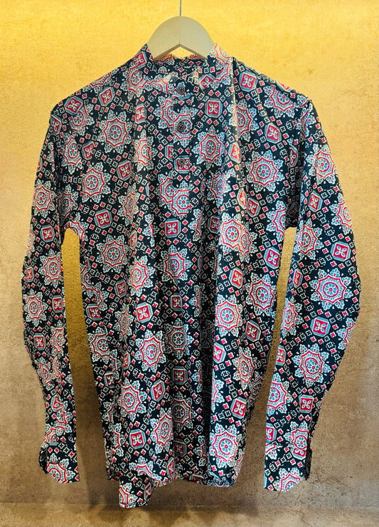Black Ajrakh Print Pure Cotton Full Sleeve Short Kurta For Men