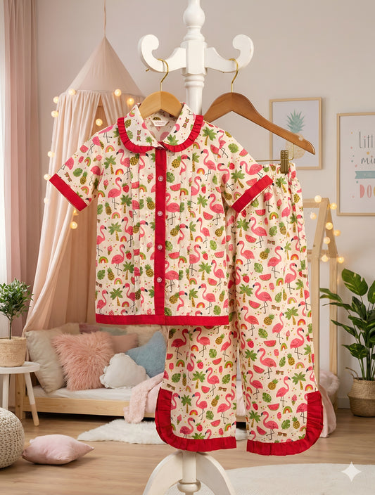 Red Fruits Print Night Suit For Girls With Frills