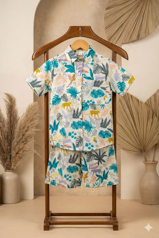White Tropical Jungle Print Half Sleeve Co-ord Set For Boys