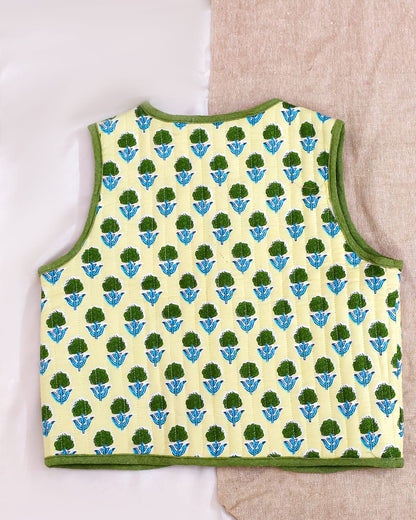 Reversible Sleeveless Cotton Printed Quilted Jacket for Kids | Green