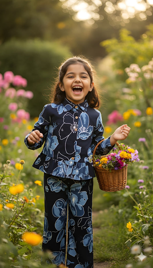 Blue Floral Print Night Co-ord Set For Girls With Frills