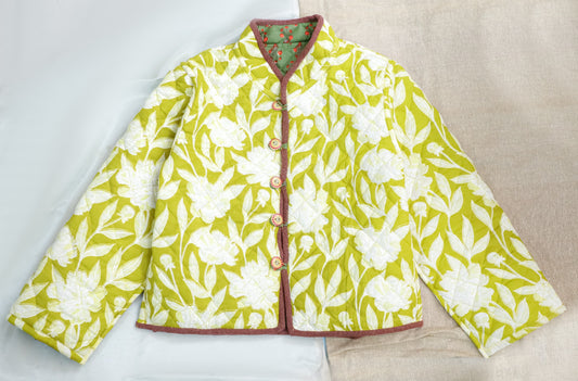 Reversible Full Sleeves Cotton Printed Quilted Jacket for Kids | Neon Green