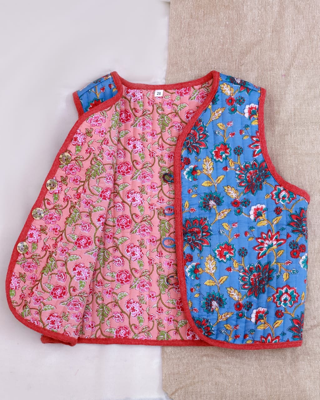 Reversible Sleeveless Cotton Printed Quilted Jacket for Kids | Pink | Blue