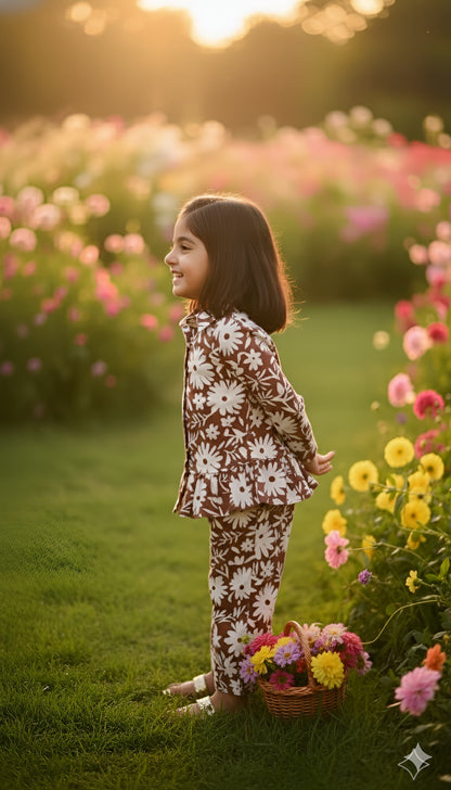 Brown Floral Print Night Co-ord Set For Girls With Frills