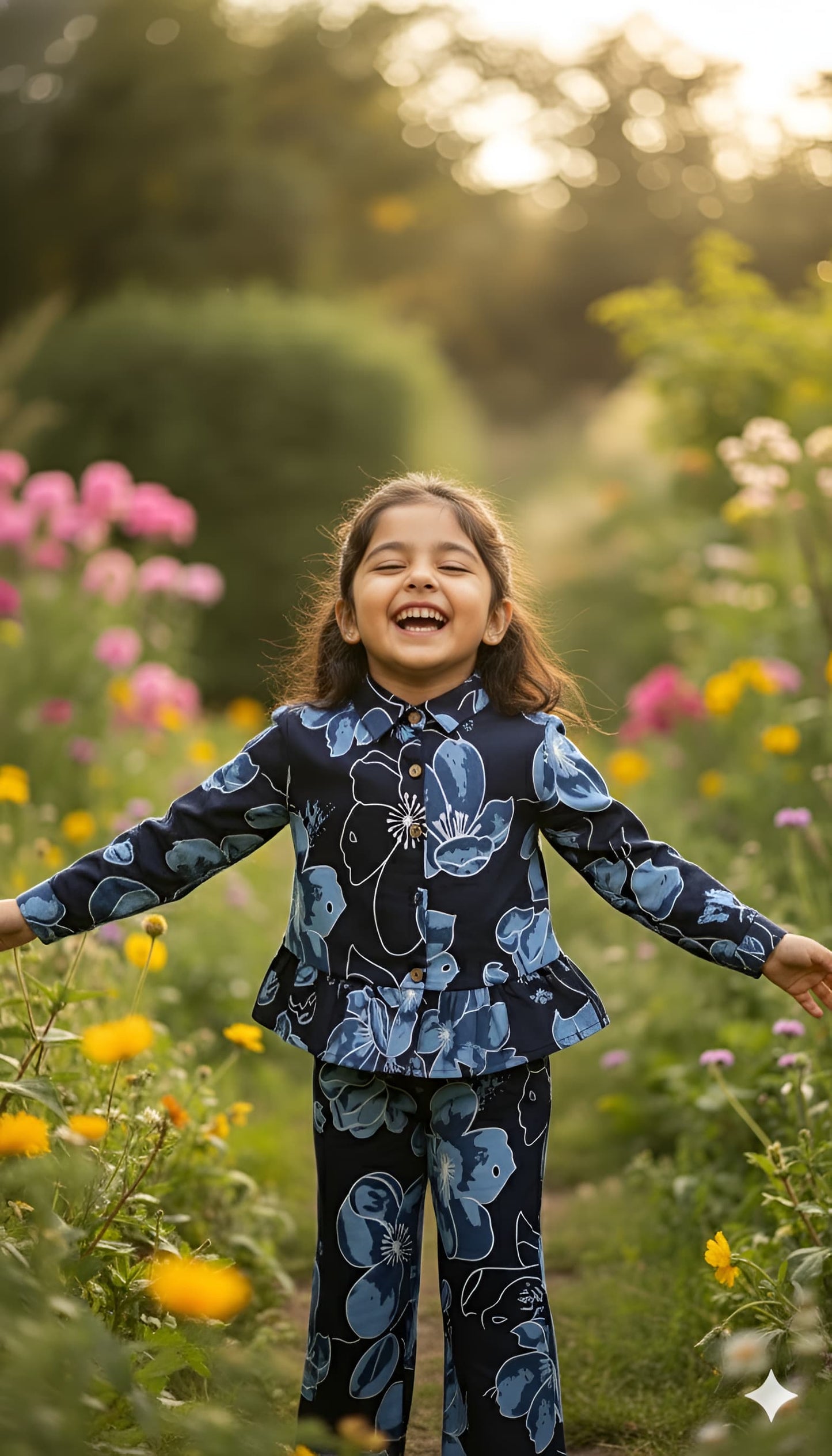 Blue Floral Print Night Co-ord Set For Girls With Frills