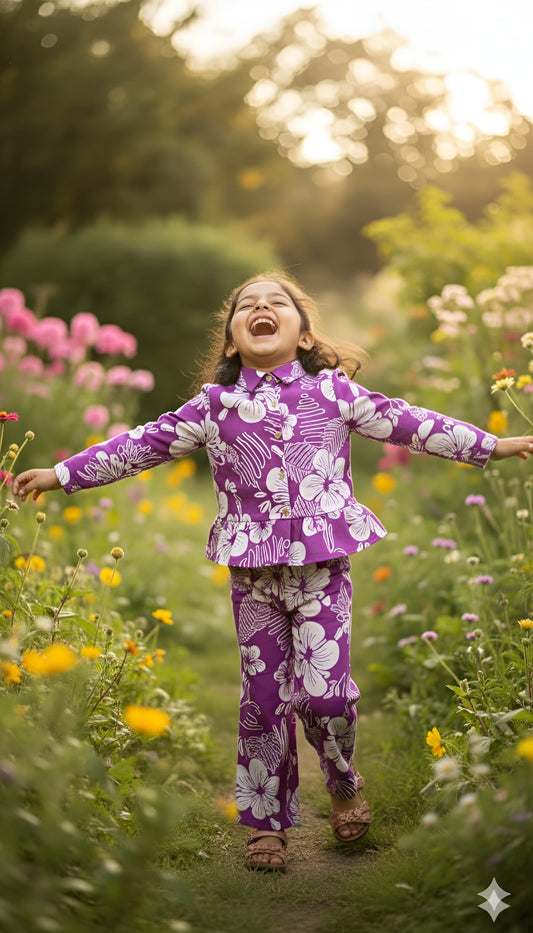 Purple Floral Print Night Co-ord Set For Girls With Frills