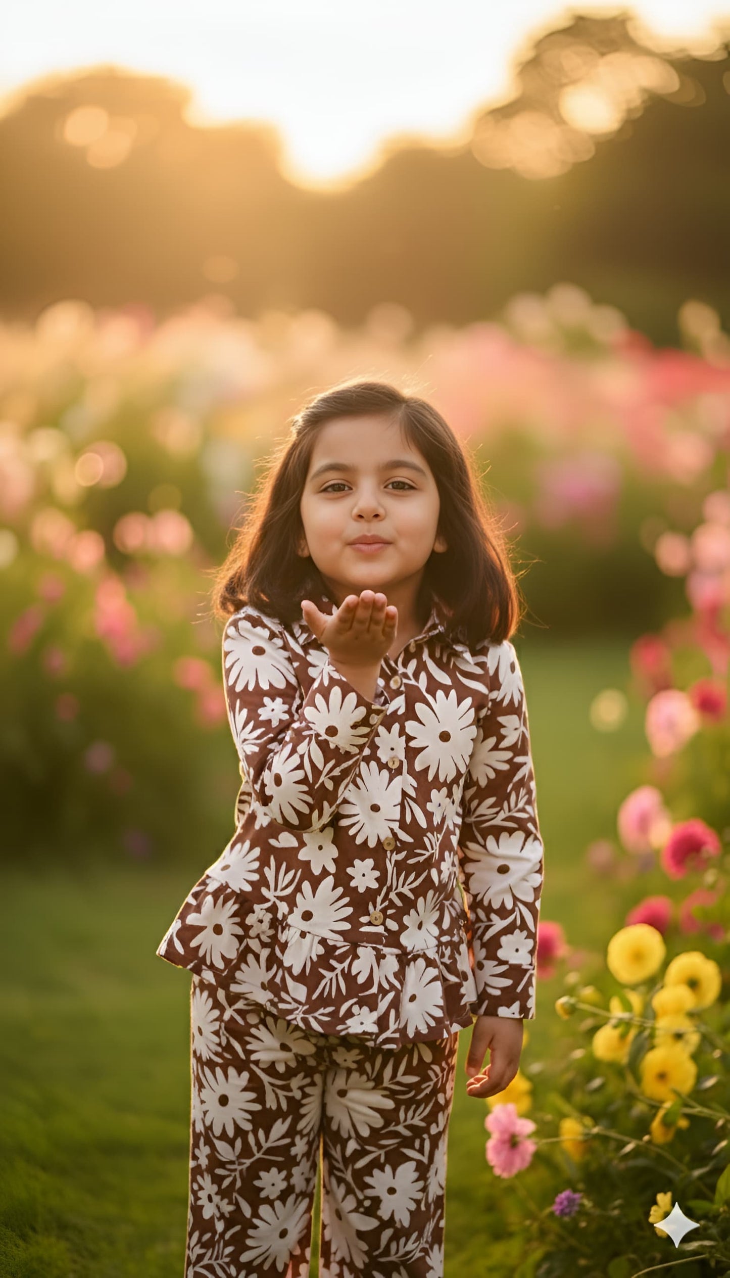 Brown Floral Print Night Co-ord Set For Girls With Frills