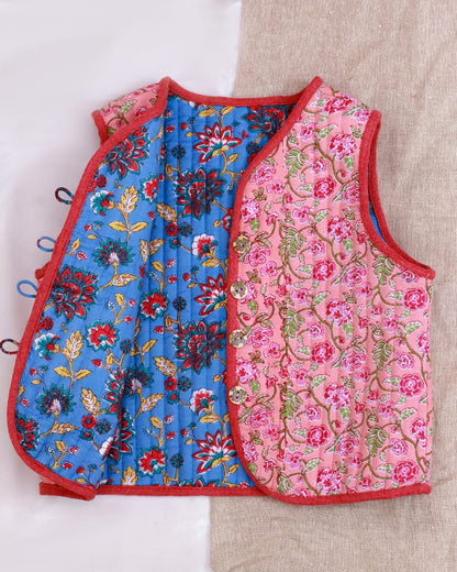 Reversible Sleeveless Cotton Printed Quilted Jacket for Kids | Pink | Blue