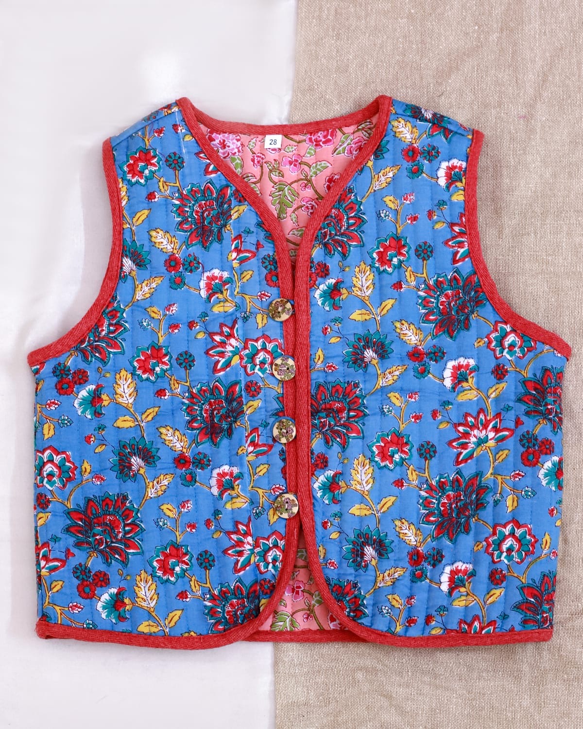 Reversible Sleeveless Cotton Printed Quilted Jacket for Kids | Pink | Blue