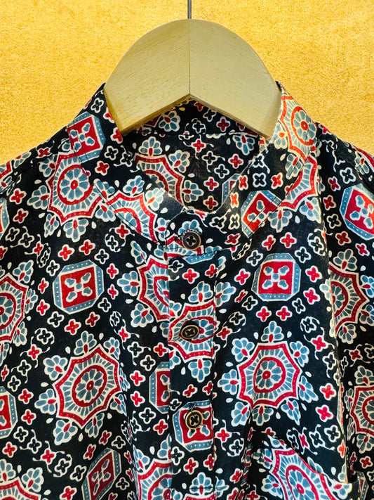 Black Ajrakh Print Pure Cotton Full Sleeve Short Kurta For Men