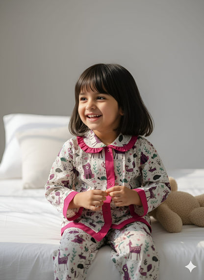 Pink Frill Animal Print Night Suit For Girls