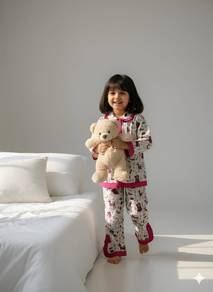 Pink Frill Animal Print Night Suit For Girls