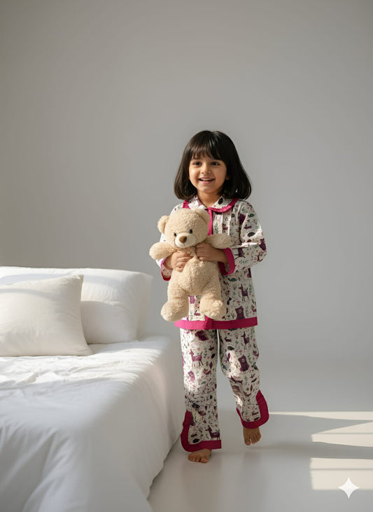 Pink Frill Animal Print Night Suit For Girls