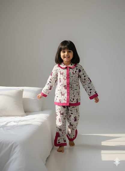 Pink Frill Animal Print Night Suit For Girls