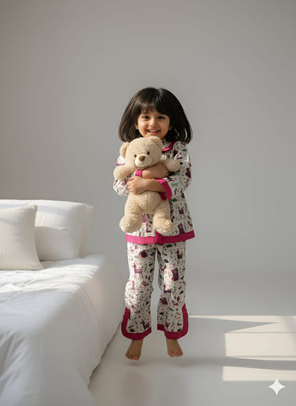 Pink Frill Animal Print Night Suit For Girls