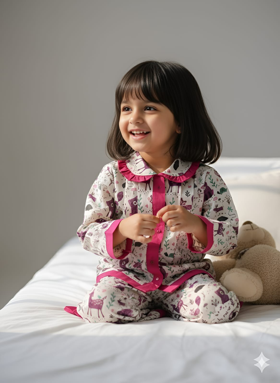 Pink Frill Animal Print Night Suit For Girls