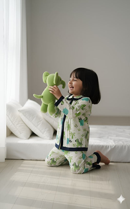 Green Frill Animal Print Night Suit For Girls