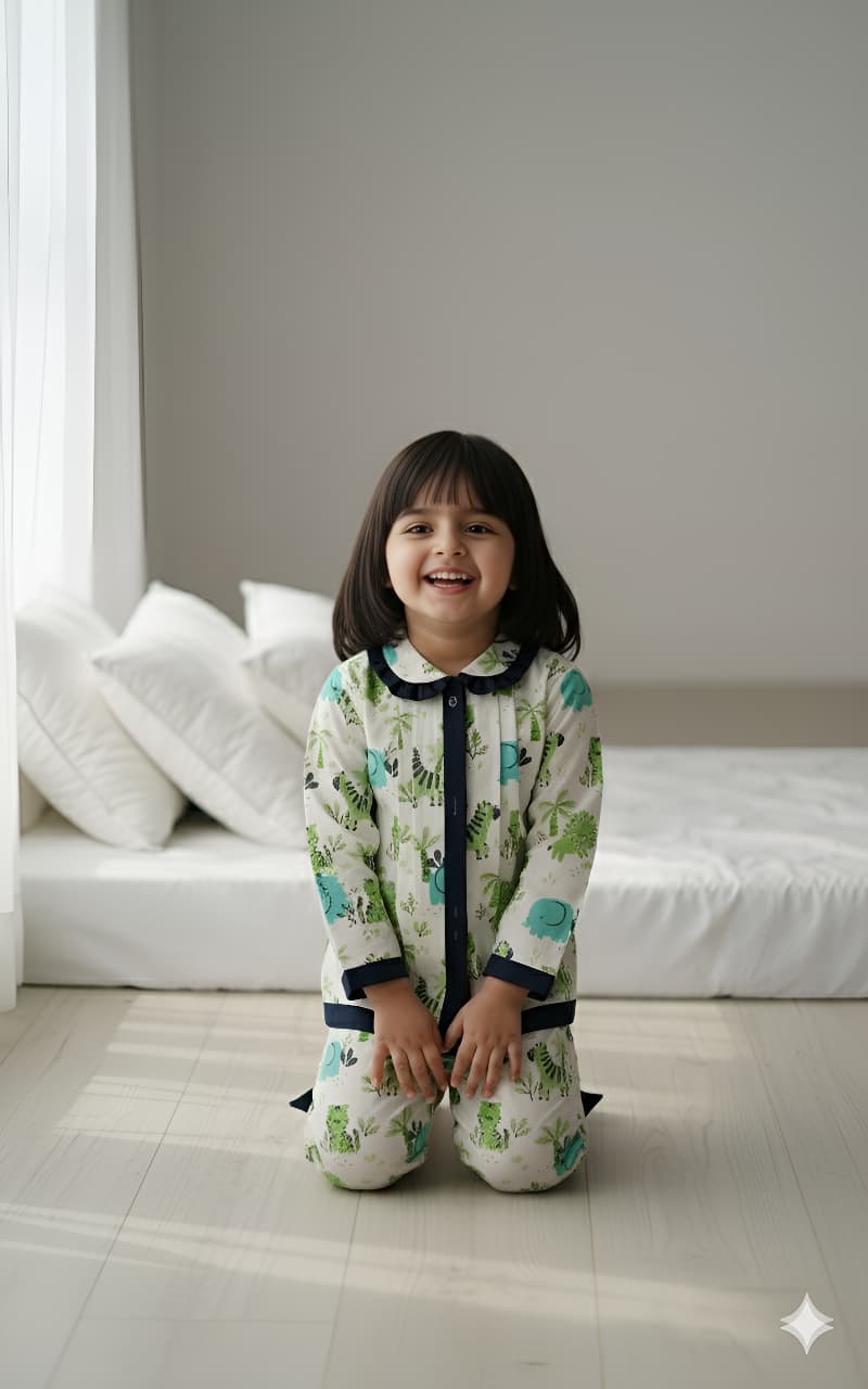 Green Frill Animal Print Night Suit For Girls