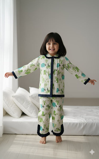 Green Frill Animal Print Night Suit For Girls