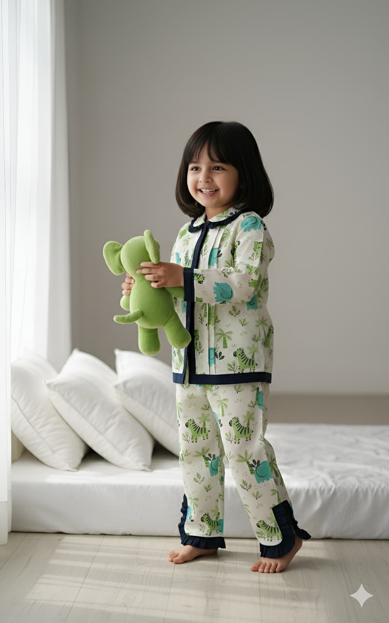 Green Frill Animal Print Night Suit For Girls