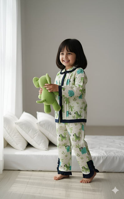 Green Frill Animal Print Night Suit For Girls