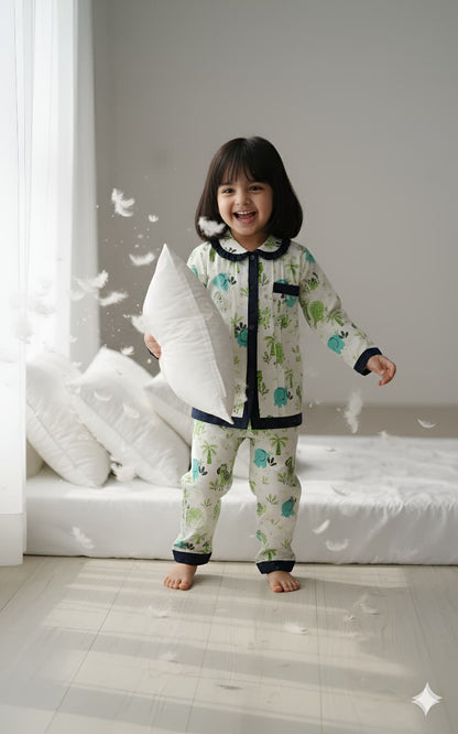 Green Frill Animal Print Night Suit For Girls