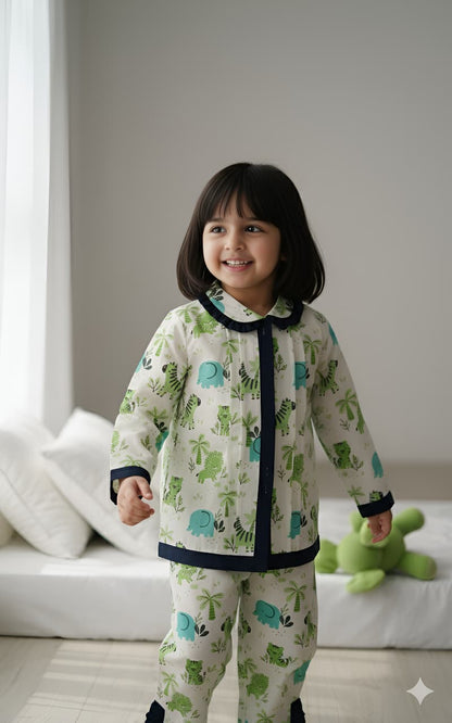 Green Frill Animal Print Night Suit For Girls
