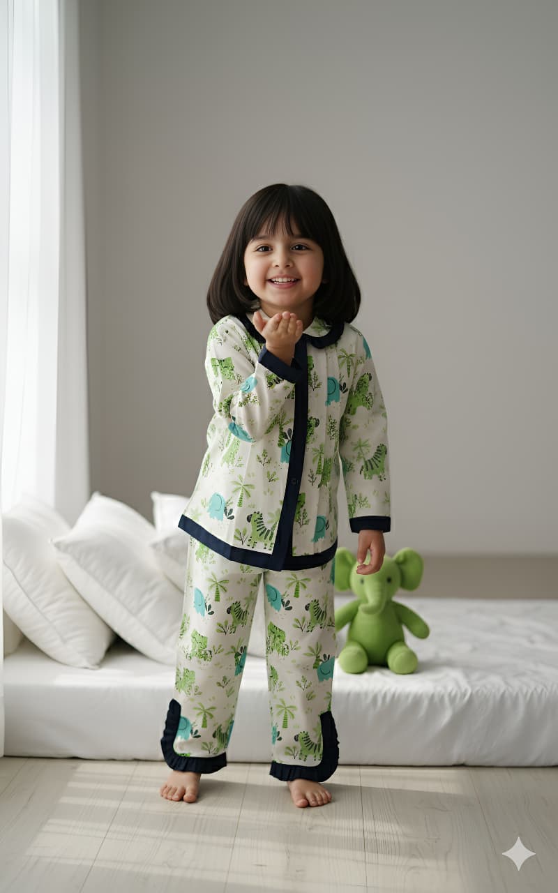 Green Frill Animal Print Night Suit For Girls