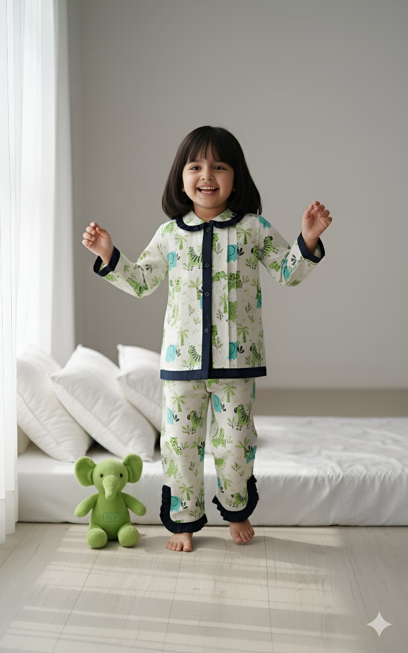 Green Frill Animal Print Night Suit For Girls