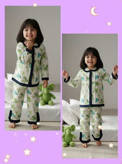 Green Frill Animal Print Night Suit For Girls