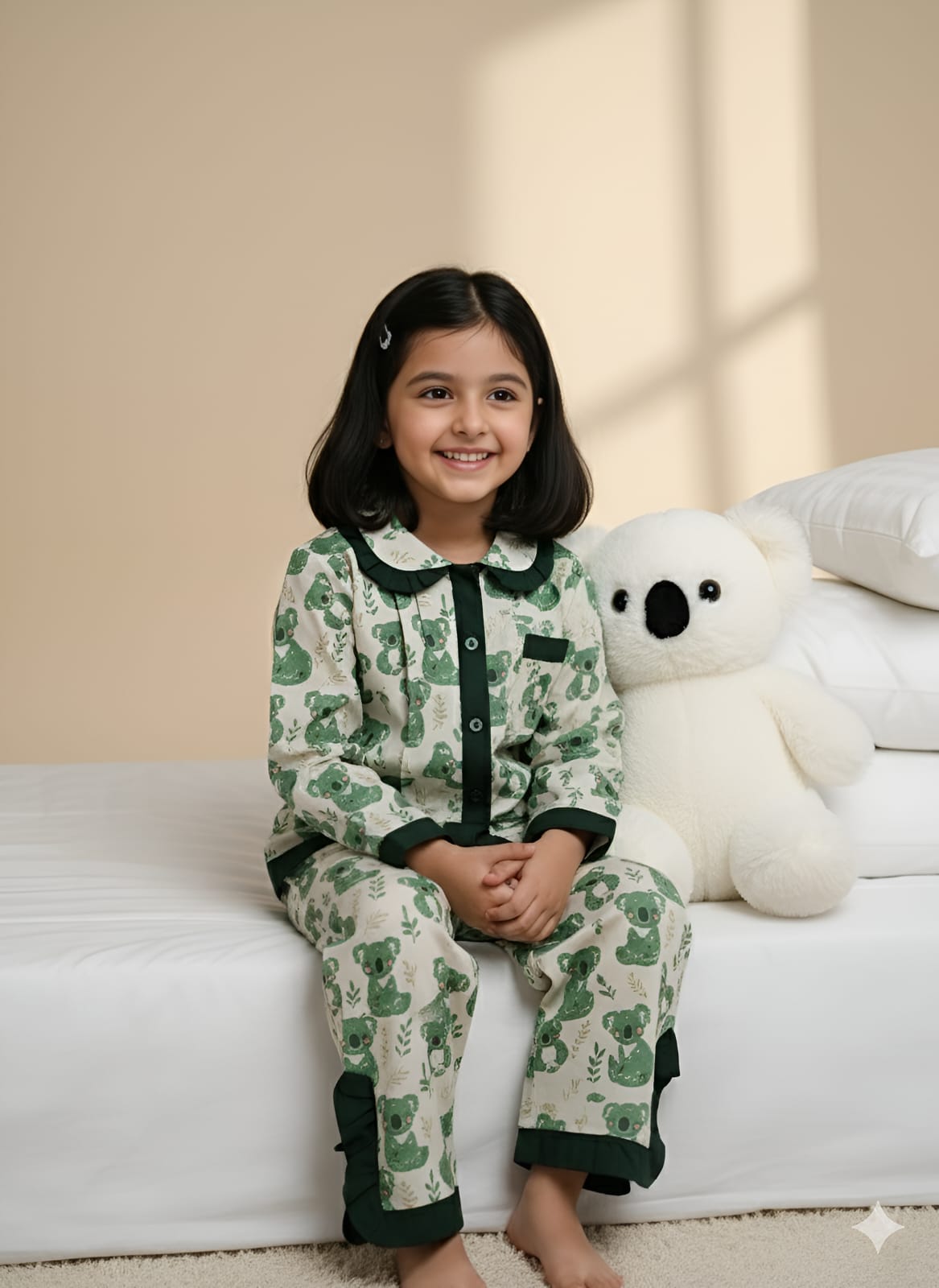 Green Bear Print Night Suit For Girls With Frills