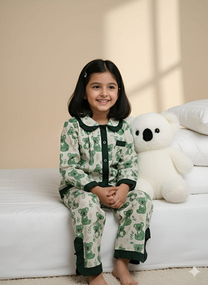 Green Bear Print Night Suit For Girls With Frills