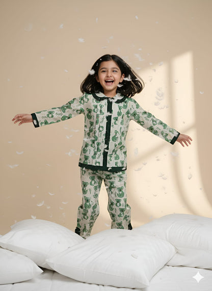 Green Bear Print Night Suit For Girls With Frills