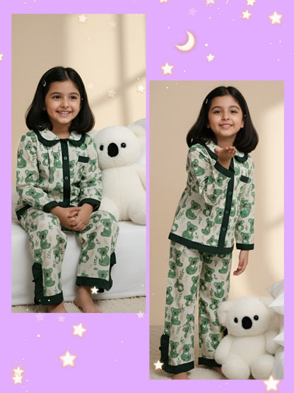 Green Bear Print Night Suit For Girls With Frills