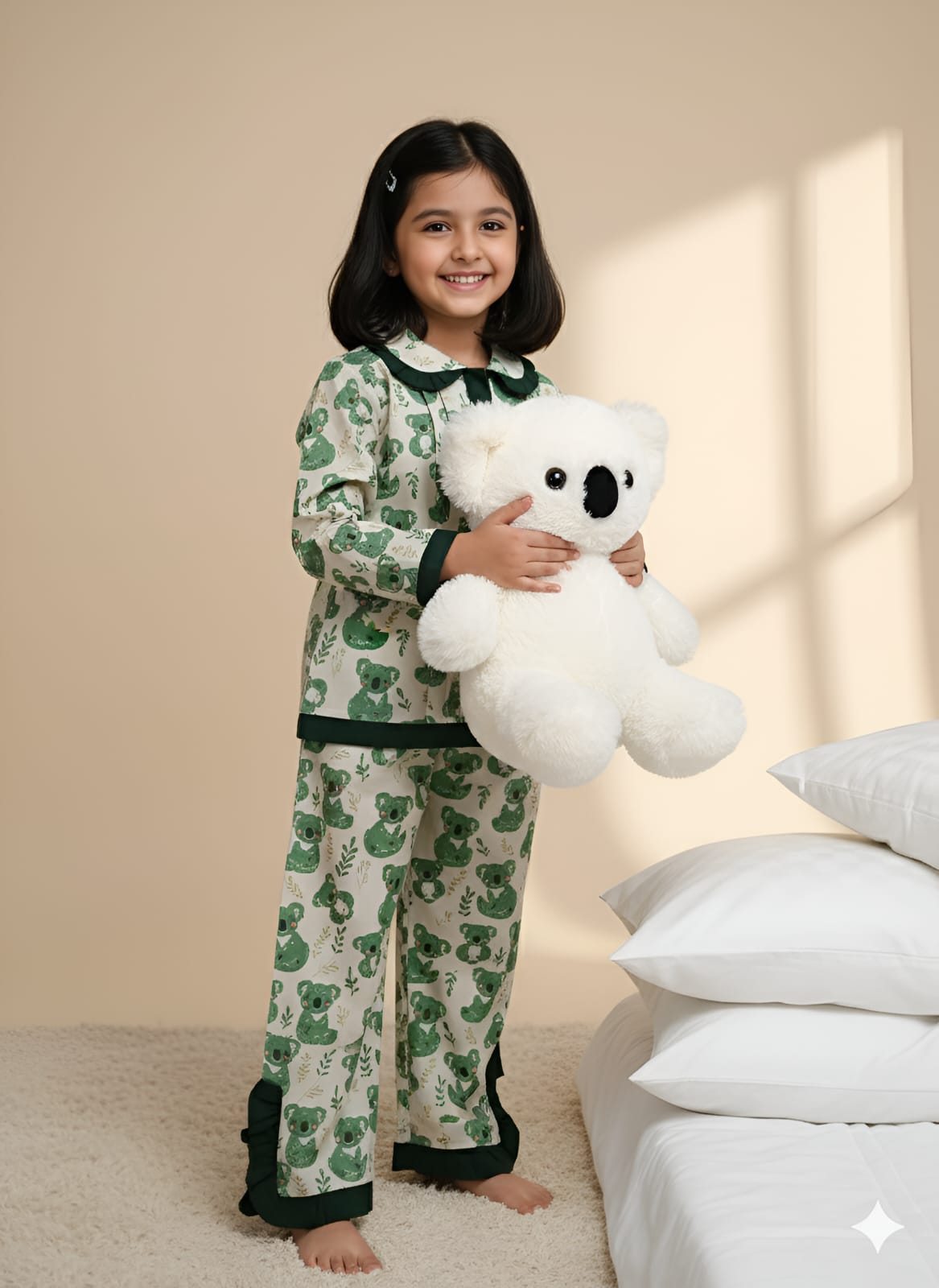 Green Bear Print Night Suit For Girls With Frills