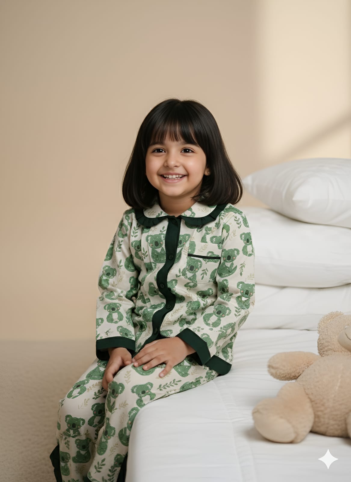 Green Bear Print Night Suit For Girls With Frills