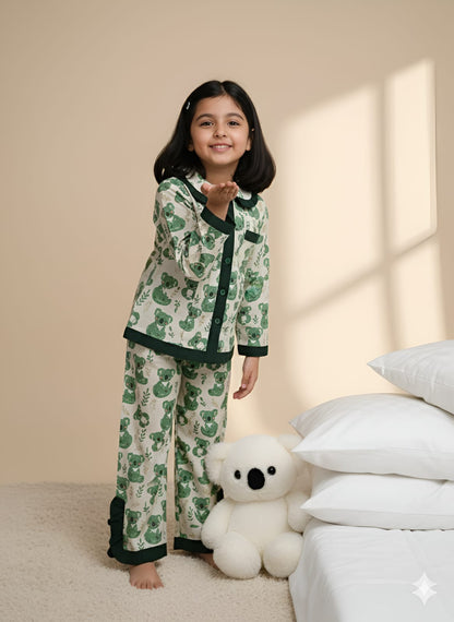 Green Bear Print Night Suit For Girls With Frills