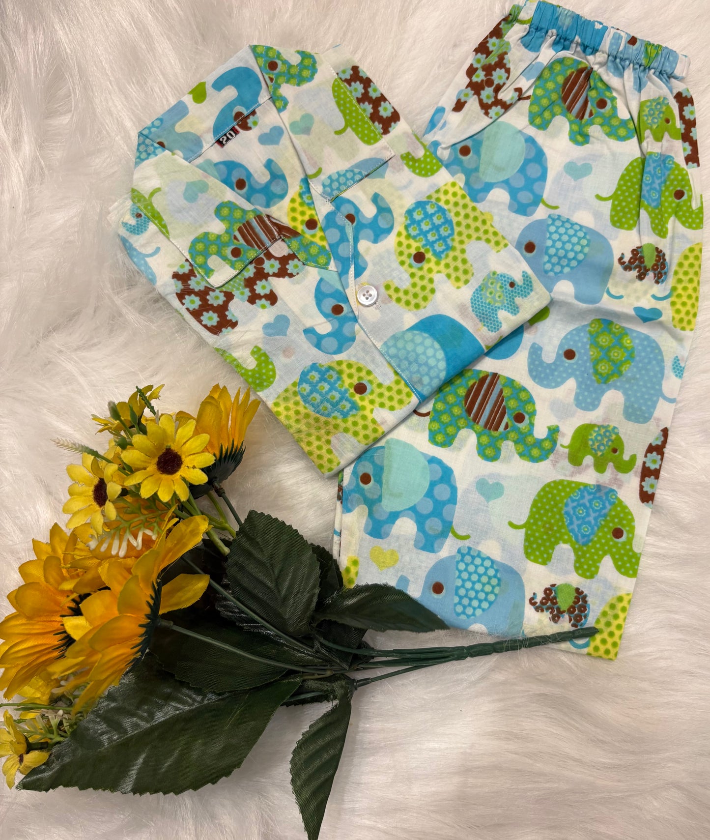 Multi Colour Elephant Printed Unisex Kids Night Suit