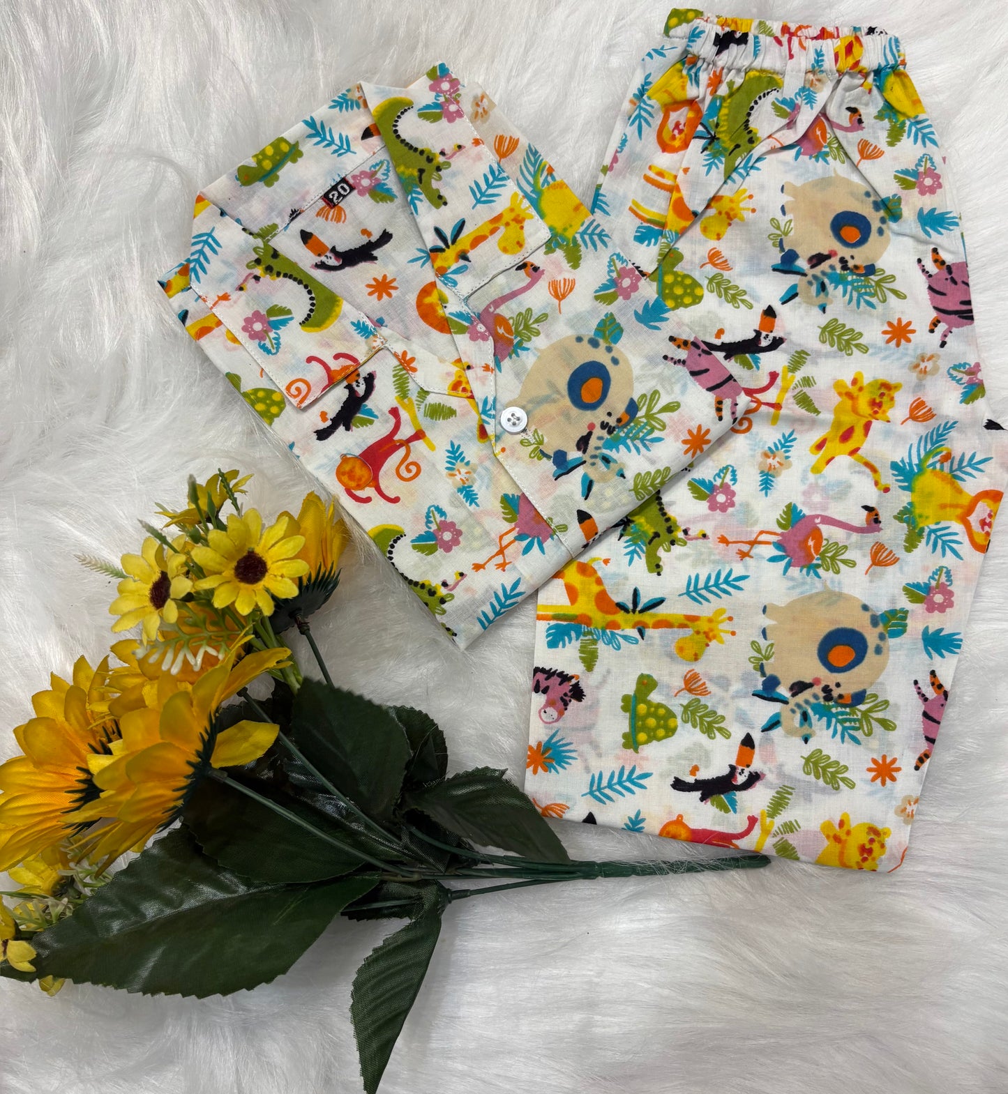 White Jungle Theme Printed Unisex Kids Night Suit