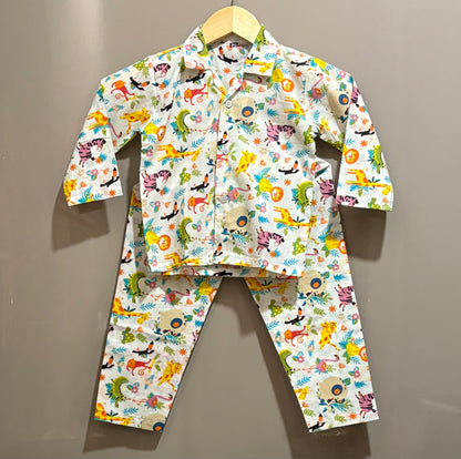 White Jungle Theme Printed Unisex Kids Night Suit
