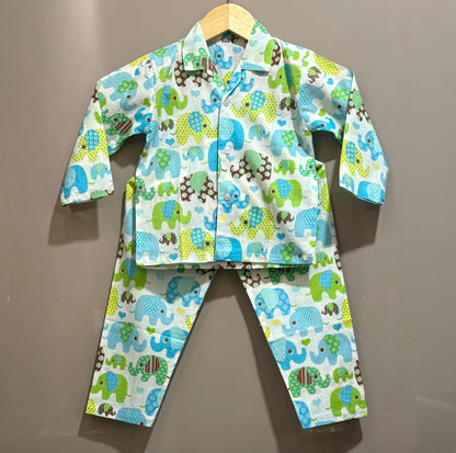 Multi Colour Elephant Printed Unisex Kids Night Suit