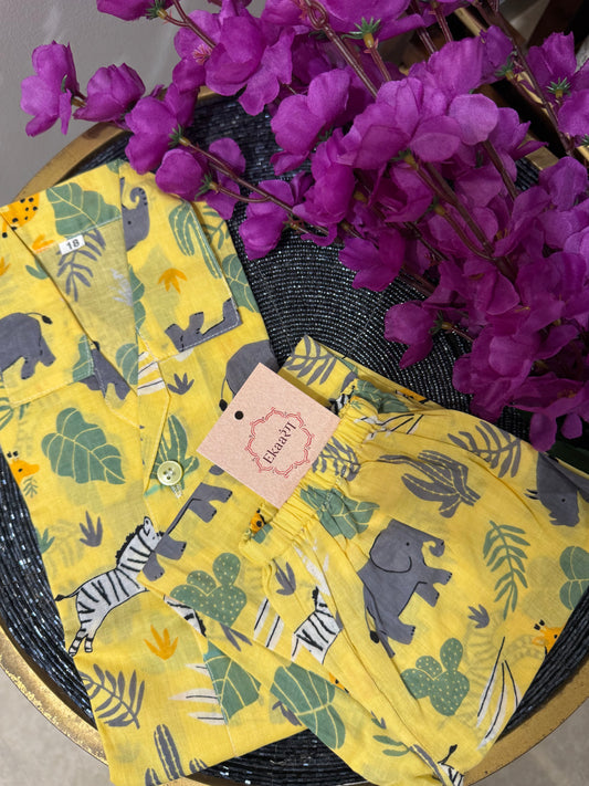 Yellow Jungle Theme Printed Unisex Kids Night Suit