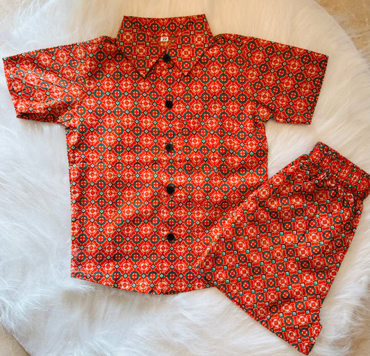 Orange Traditional Block Print Half Sleeve Co-ord Set For Boys