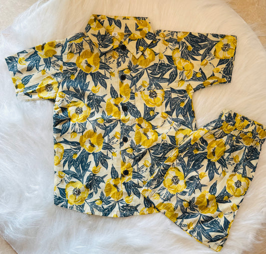 Yellow Floral Block Print Half Sleeve Co-ord Set For Boys