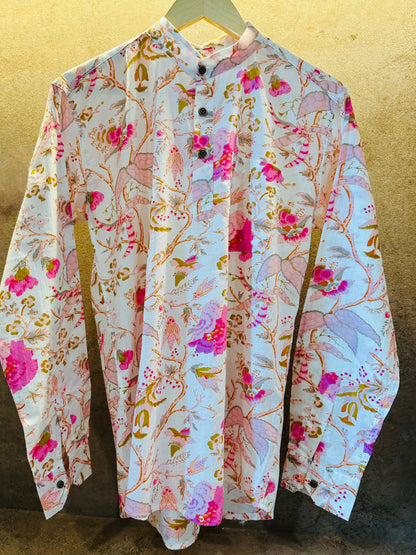 White Floral Pure Cotton Full Sleeve Short Kurta For Men